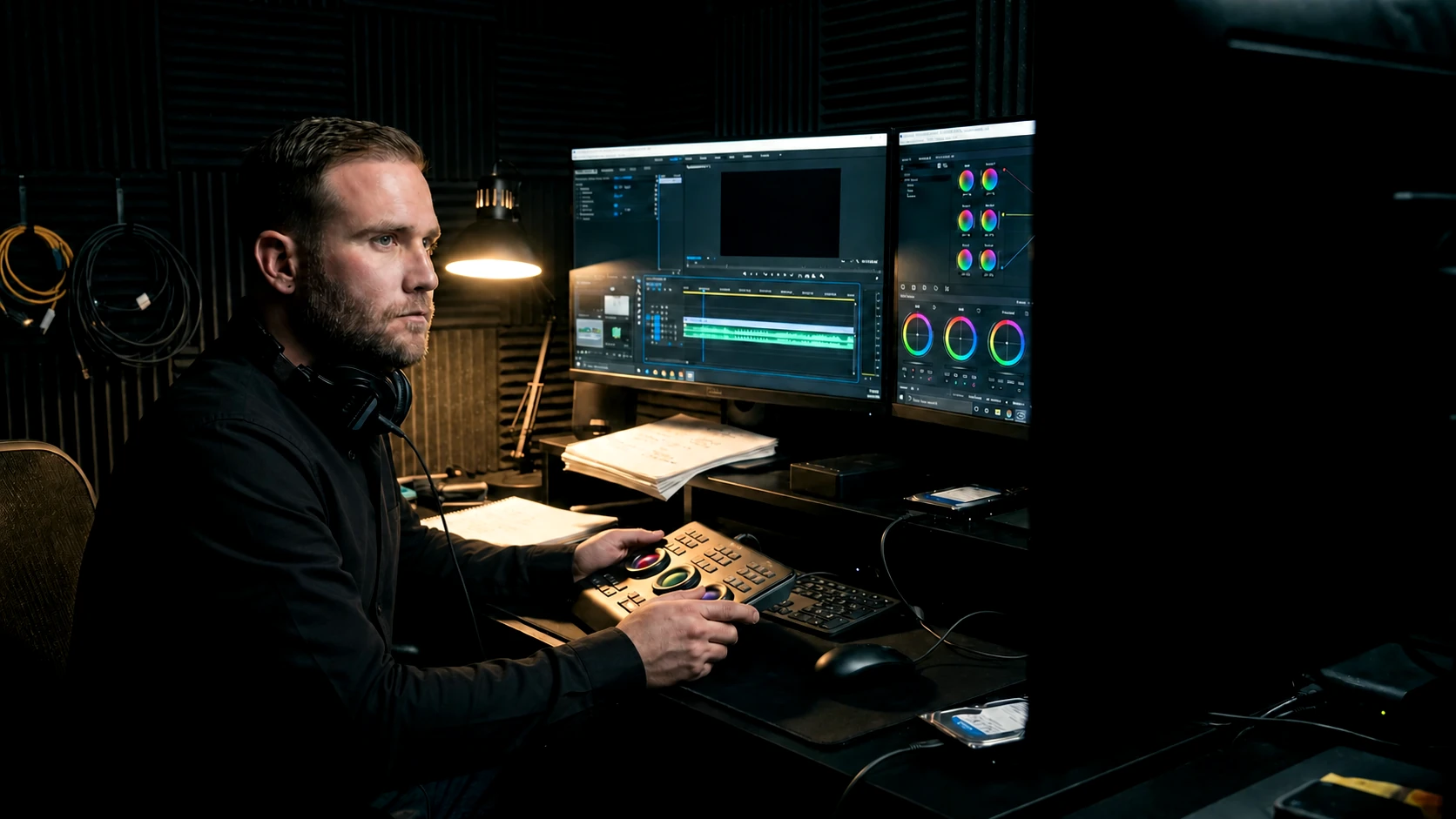 Editing and color suite with production monitors